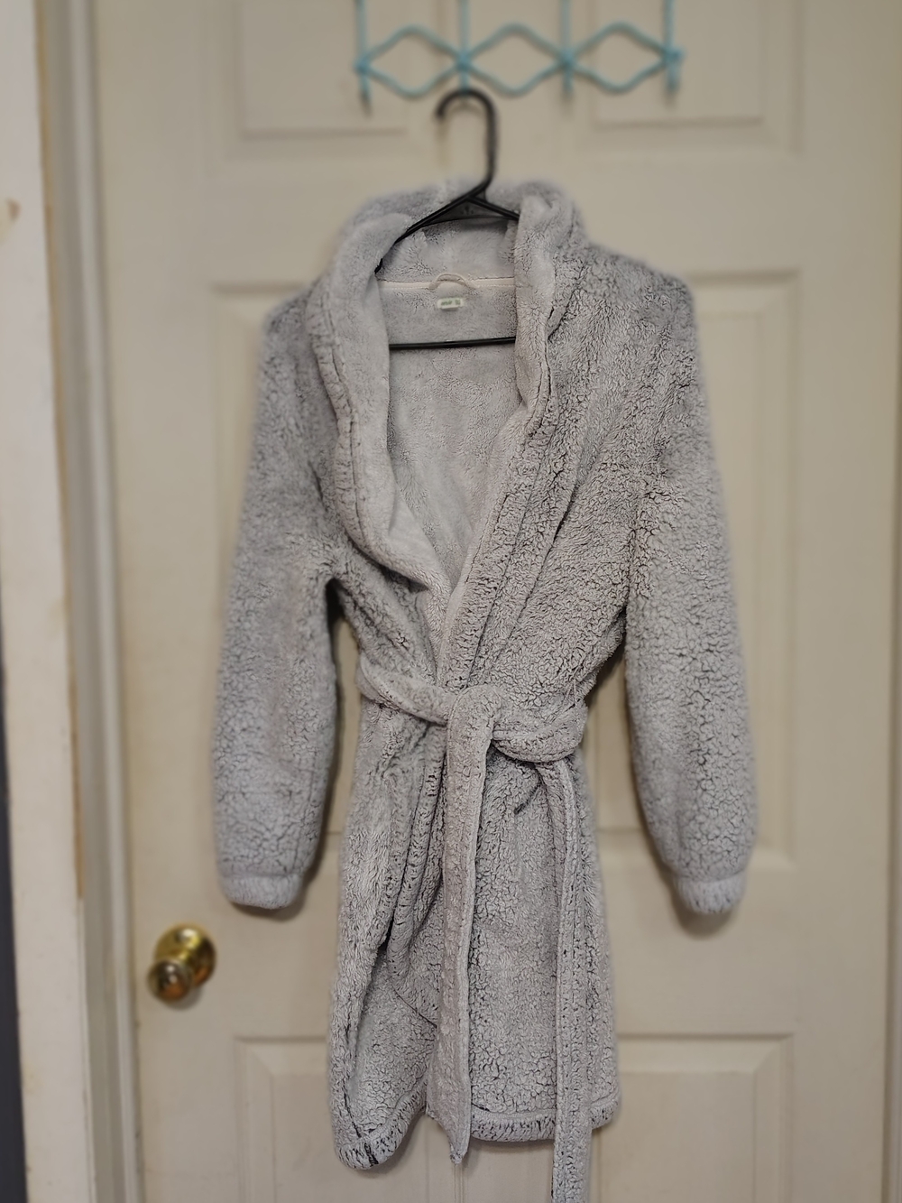 Aerie Gray Fleece Polyester Hooded Shawl Collar Belted Robe XS/S Women
